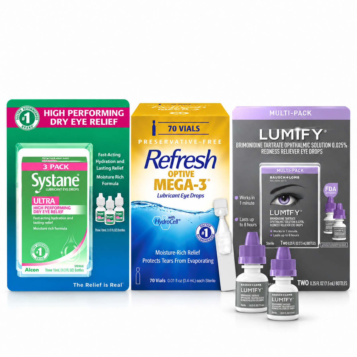 Systane Ultra, Refresh Optive Mega-3 and Lumify eye drops