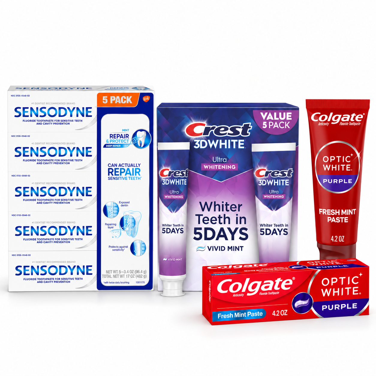 Oral care collection featuring Sensodyne Repair and Protect, Crest 3D White Ultra, and Colgate Optic White Purple toothpaste