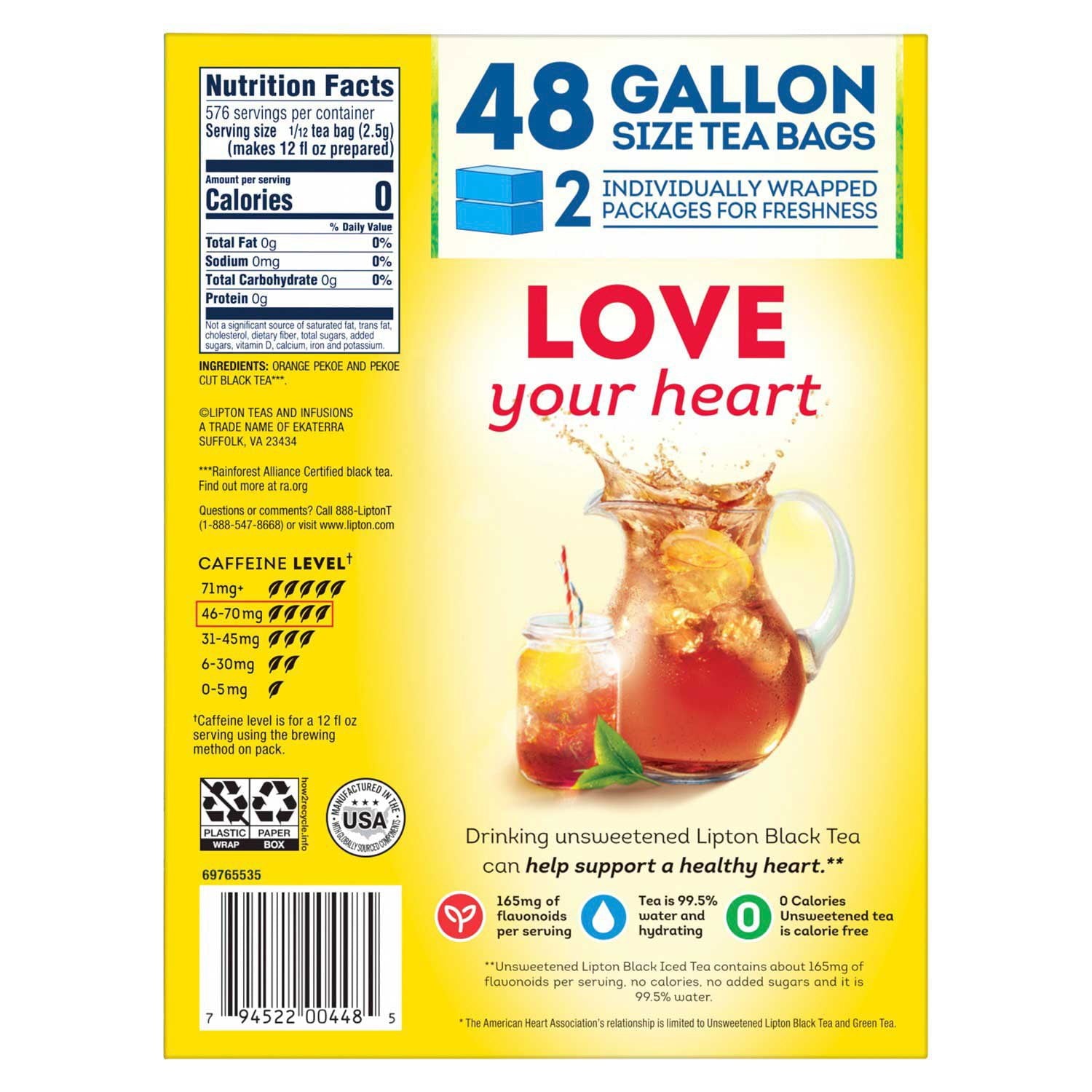 립톤 아이스티 갤런 티백 48 ct – 대용량으로 우리기 좋은 갤런 사이즈 홍차 티백