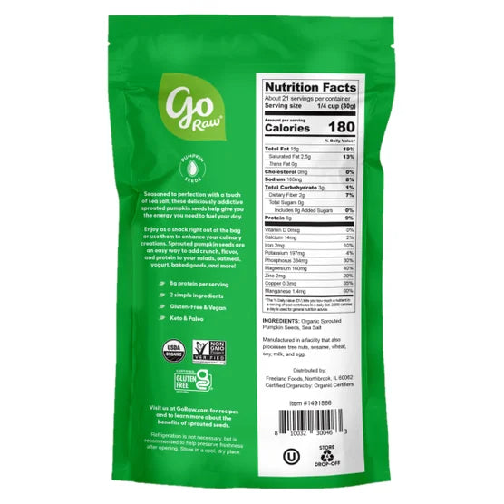 고로우 스프라우티드 유기농 호박씨 씨솔트 22oz – 발아 공법으로 고소함을 살리고 바다 소금으로 간을 더한 유기농 호박씨 스낵