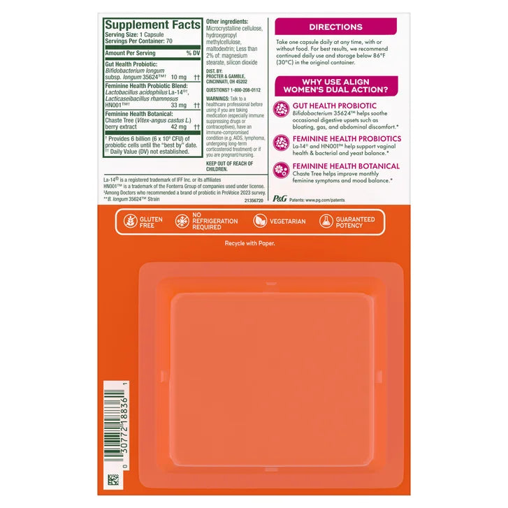 얼라인 여성 듀얼액션 프로바이오틱 – 장 건강 + 여성 밸런스, 70캡슐