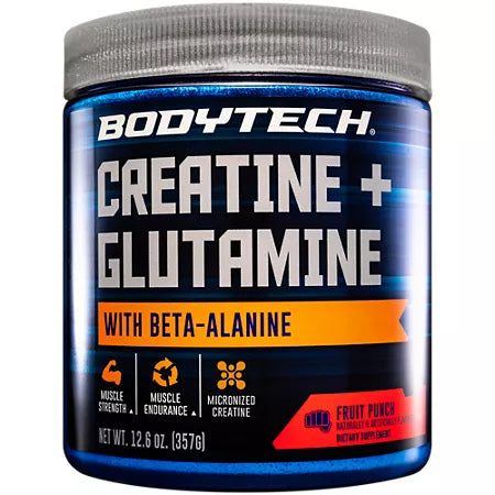 BodyTech Creatine + Glutamine with Beta-Alanine Powder – Micronized – Fruit Punch (12.6 oz./31 Servings)