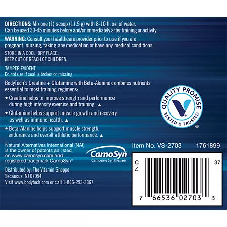 BodyTech Creatine + Glutamine with Beta-Alanine Powder – Micronized – Fruit Punch (12.6 oz./31 Servings)
