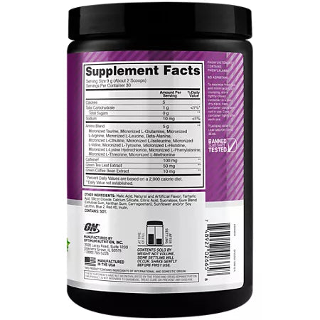 옵티멈 뉴트리션 에센셜 아미노 에너지 콩코드 그레이프 9.5 oz., 30 Servings – 아미노산과 카페인 함유 에너지 파우더