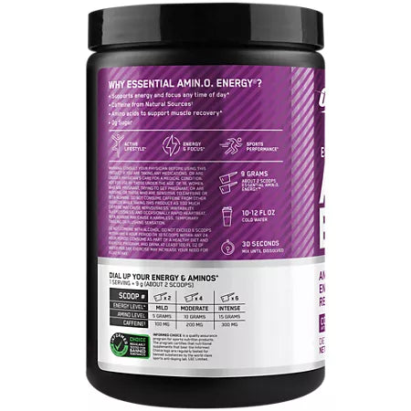 옵티멈 뉴트리션 에센셜 아미노 에너지 콩코드 그레이프 9.5 oz., 30 Servings – 아미노산과 카페인 함유 에너지 파우더