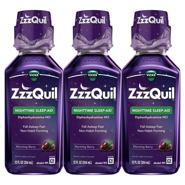 지즈퀼 나이트타임 수면 보조 액상 – 빠른 수면·불면 완화, 베리맛 12oz x 3개