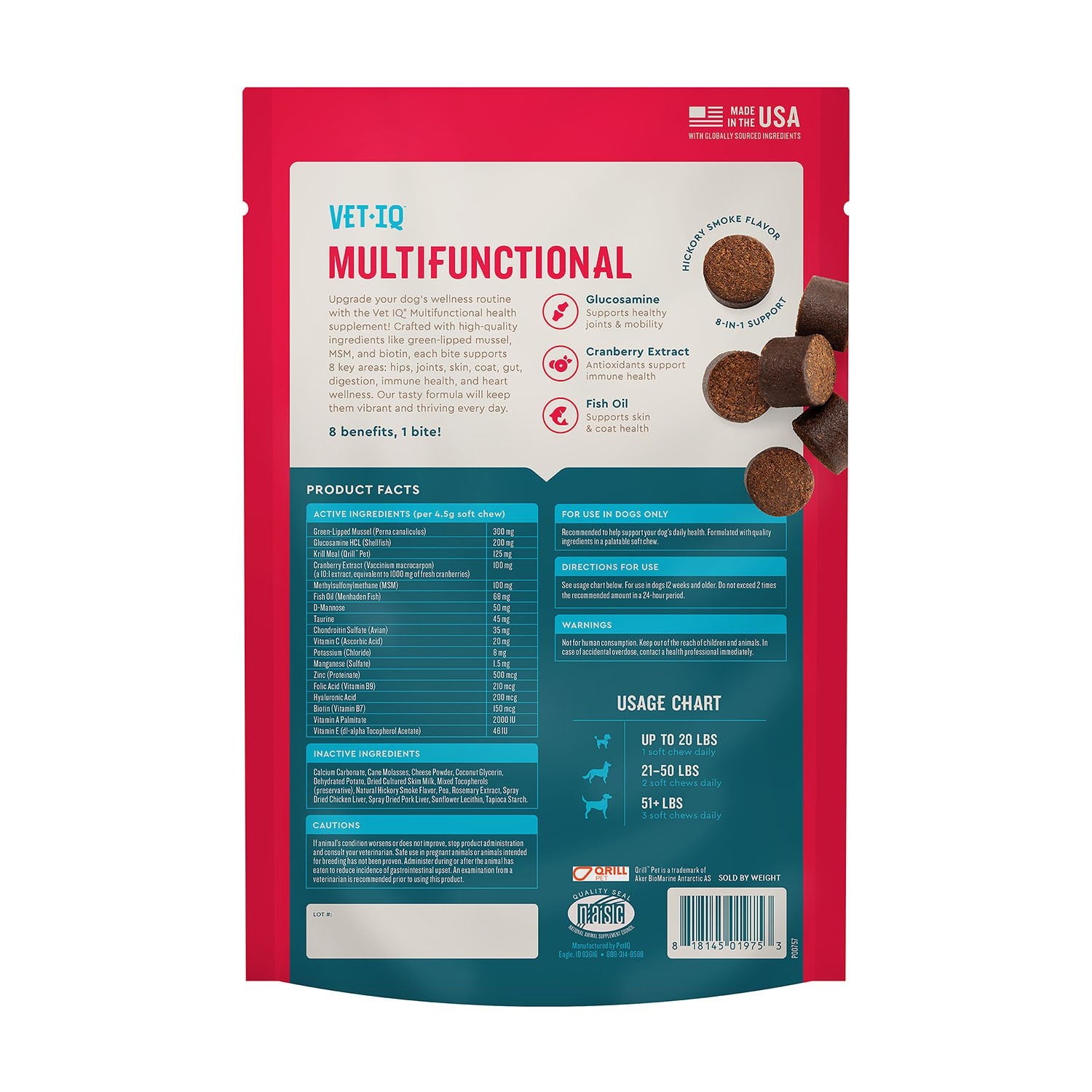 벳IQ 8-in-1 멀티 베네핏 소프트독츄 히코리 스모크 60 ct × 2 pk – 면역·피부·관절·소화 종합 케어