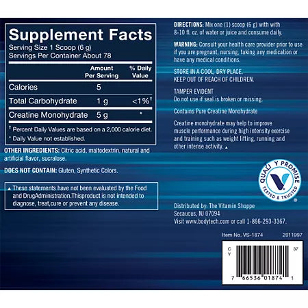 BodyTech Creatine Monohydrate Powder – Micronized – Fruit Punch (16.5 oz./78 Servings)