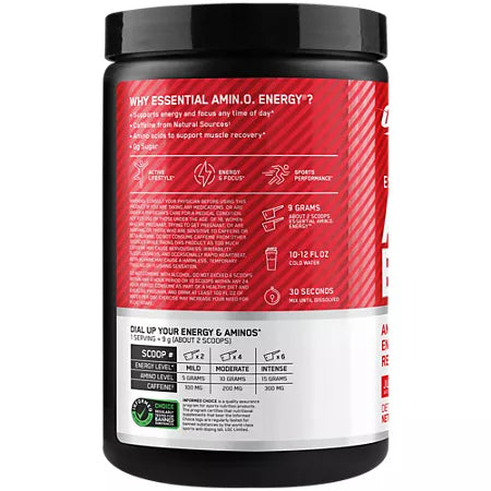 옵티멈 뉴트리션 에센셜 아미노 에너지 주시 스트로베리 버스트 9.5 oz., 30 Servings – 아미노산 기반 에너지 파우더