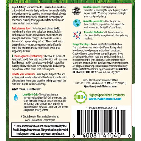 어윈 내추럴스 래피드 액팅 테스토스테론 업 써모번 맥스 60 리퀴드 소프트젤 – 빠른 흡수를 고려한 남성 테스토스테론 서포트