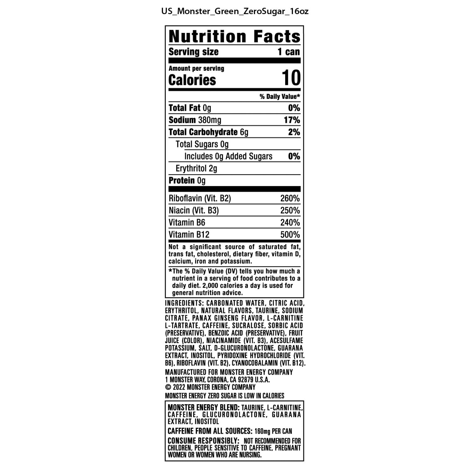 몬스터 에너지 제로 슈가 16 fl. oz × 24 – 당 없는 에너지 부스트