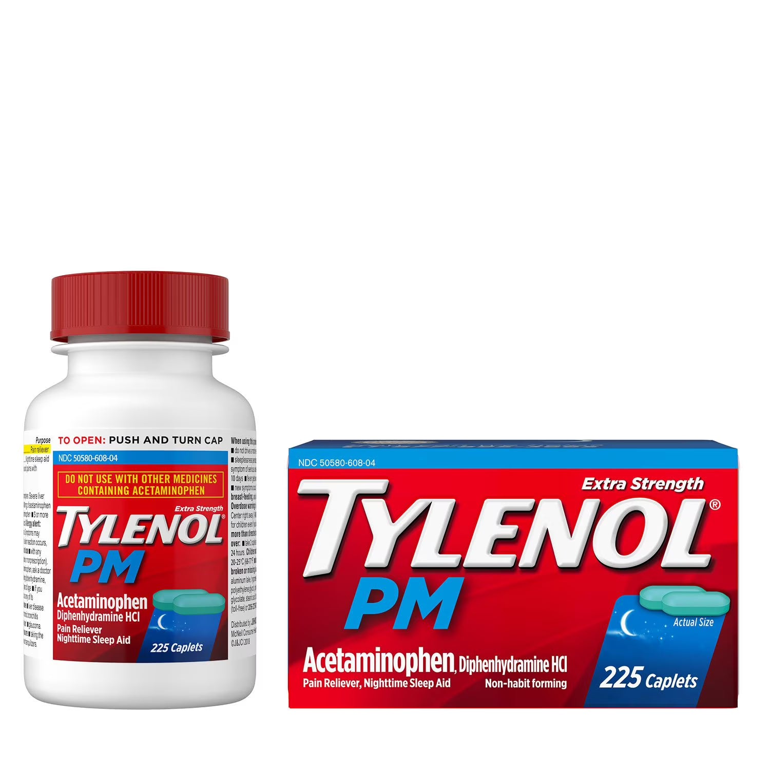 타이레놀 PM 엑스트라 스트렝스 아세트아미노펜 500mg 225정 밤에 먹는 야간용 진통제 통증 완화 수면 보조 제품 이미지