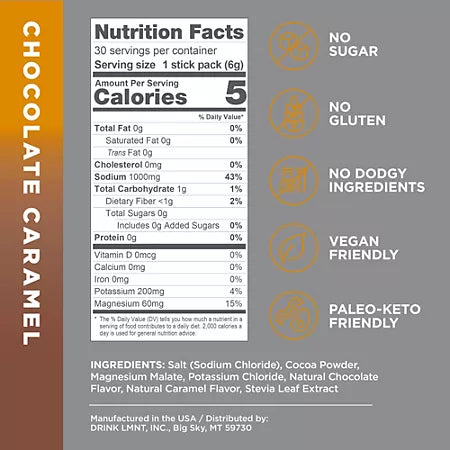 LMNT Zero-Sugar Electrolyte Drink Mix - Chocolate Caramel (30 Stick Packs)