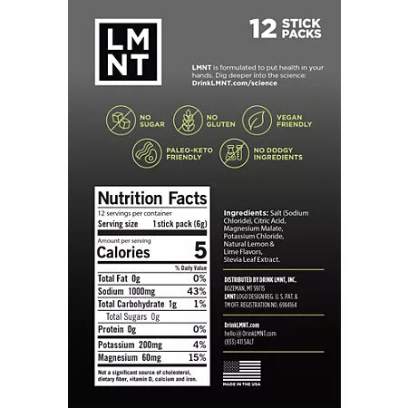 LMNT 전해질 드링크 믹스 시트러스 솔트 12 스틱 – 무설탕 전해질 파우더