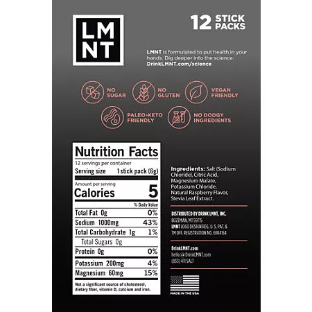 LMNT 전해질 드링크 믹스 라즈베리 솔트 12 스틱 – 무설탕 전해질 파우더