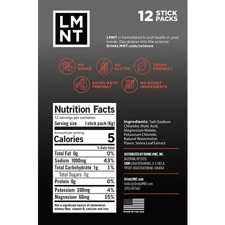 LMNT 전해질 드링크 믹스 워터멜론 솔트 12 스틱 – 무설탕 전해질 파우더