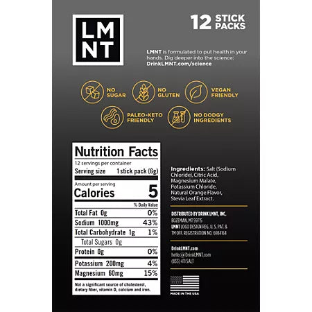 LMNT 전해질 드링크 믹스 오렌지 솔트 12 스틱 – 무설탕 전해질 파우더