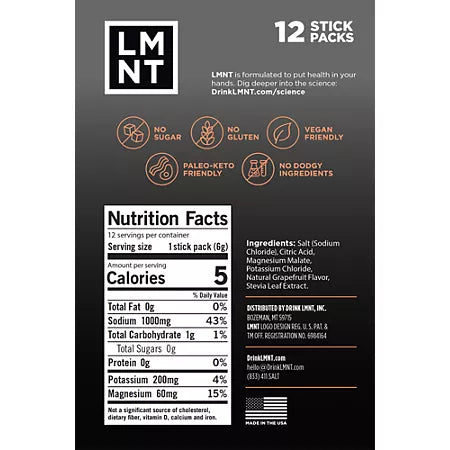 LMNT 전해질 드링크 믹스 자몽 솔트 12 스틱 – 무설탕 전해질 파우더