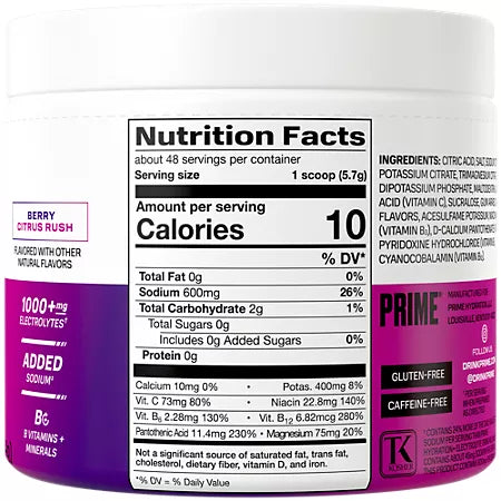 프라임 래피드 하이드레이션 전해질 믹스 베리 시트러스 러시 48 Servings – 전해질 파우더