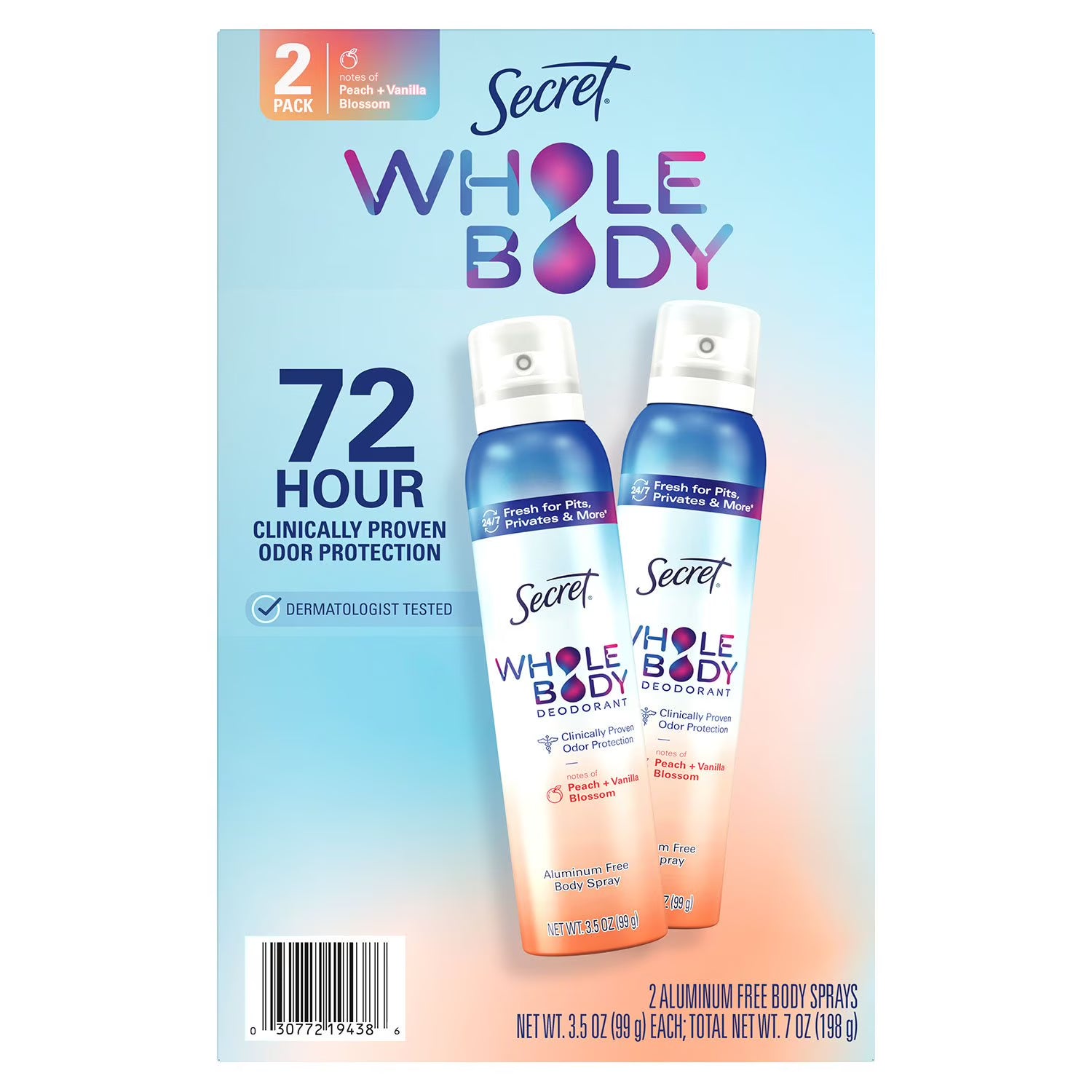 시크릿 전신용 스프레이 데오드란트 피치 & 바닐라 3.5 oz., 2 pk. – 전신에 가볍게 분사하는 타입으로 달콤한 향을 은은하게 유지