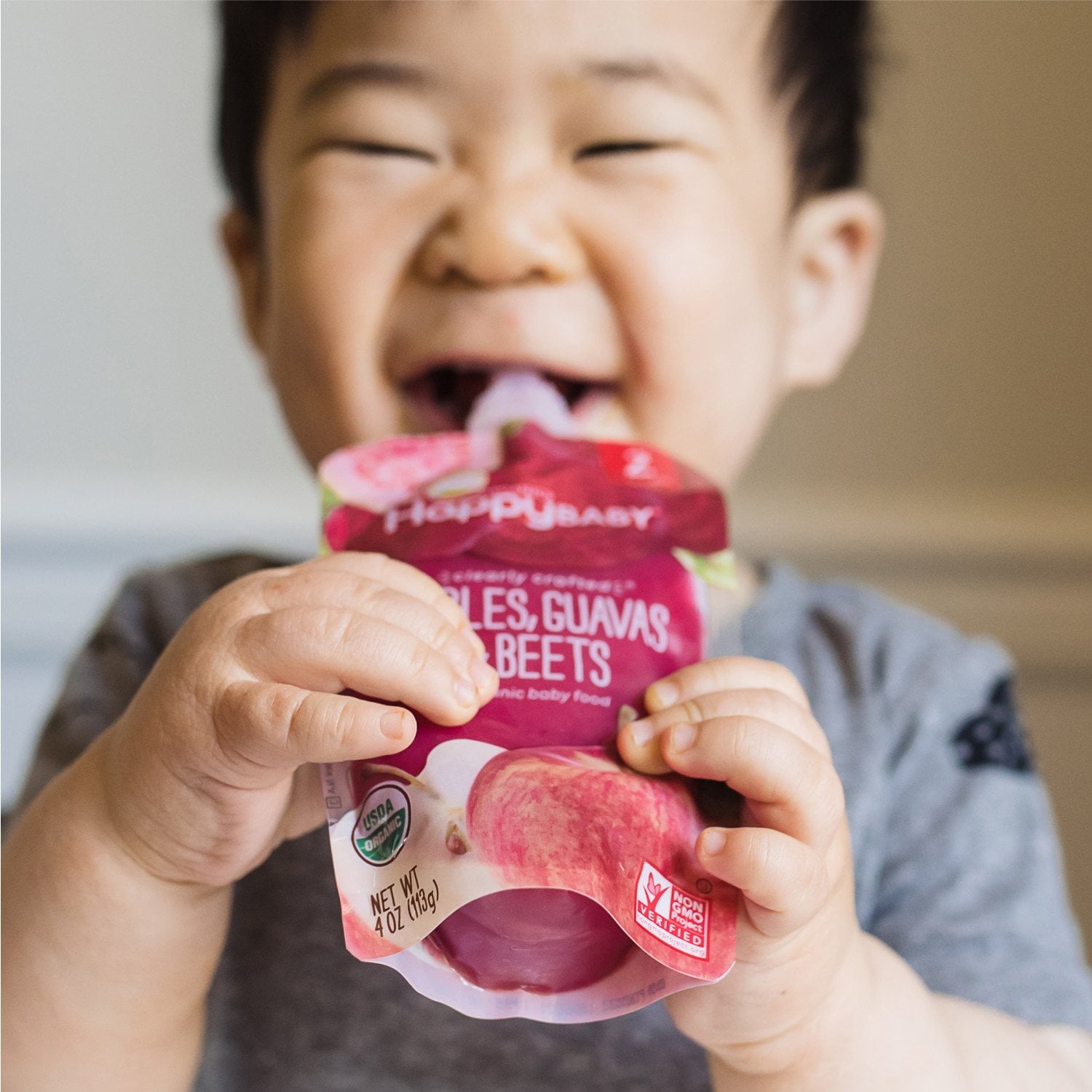 해피BABY 오가닉 과일&오트 파우치 4oz × 12팩 — 유기농 곡물 혼합 파우치