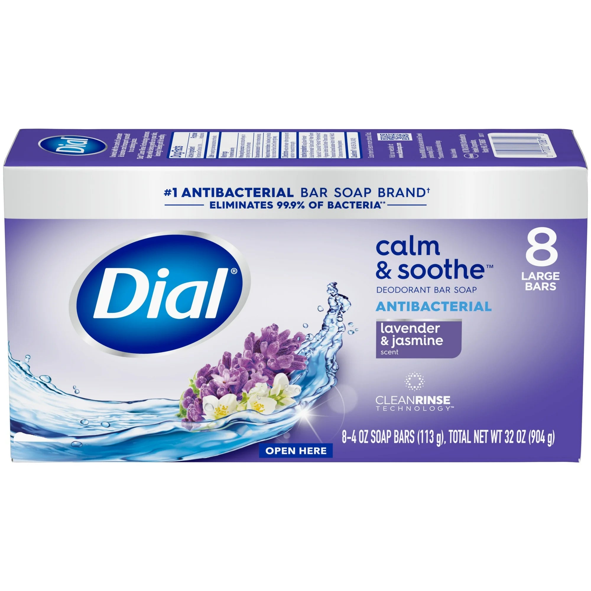 다이얼 항균 바 비누 캄 & 수드 라벤더 & 자스민 데오드란트 바 4 oz, 8 Bars – 항균 포뮬러와 라벤더·자스민 향, 부드러운 세정감