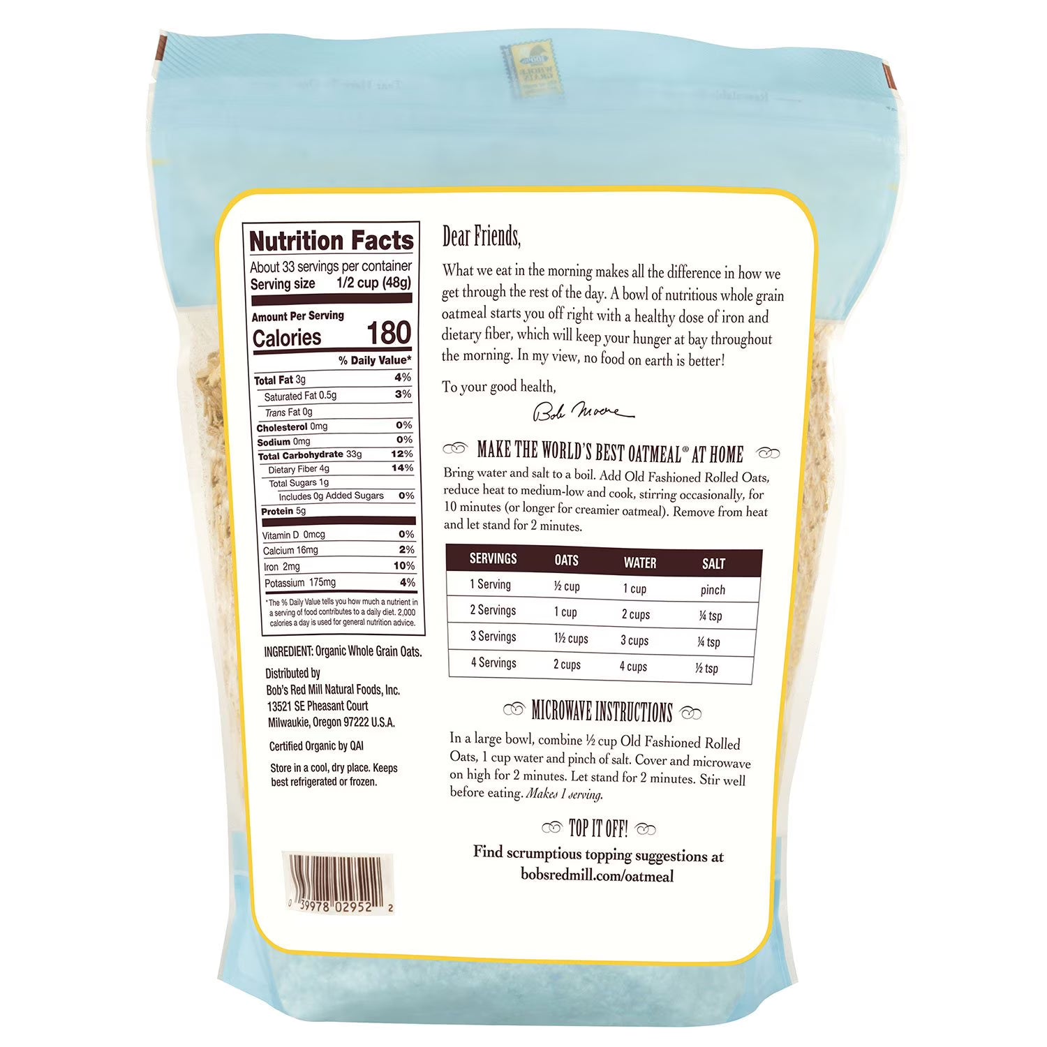 밥스 레드 밀 유기농 올드 패션드 롤드 오트 56oz – 유기농 귀리를 그대로 눌러 담아 오트밀과 베이킹에 활용하기 좋은 클래식 오트