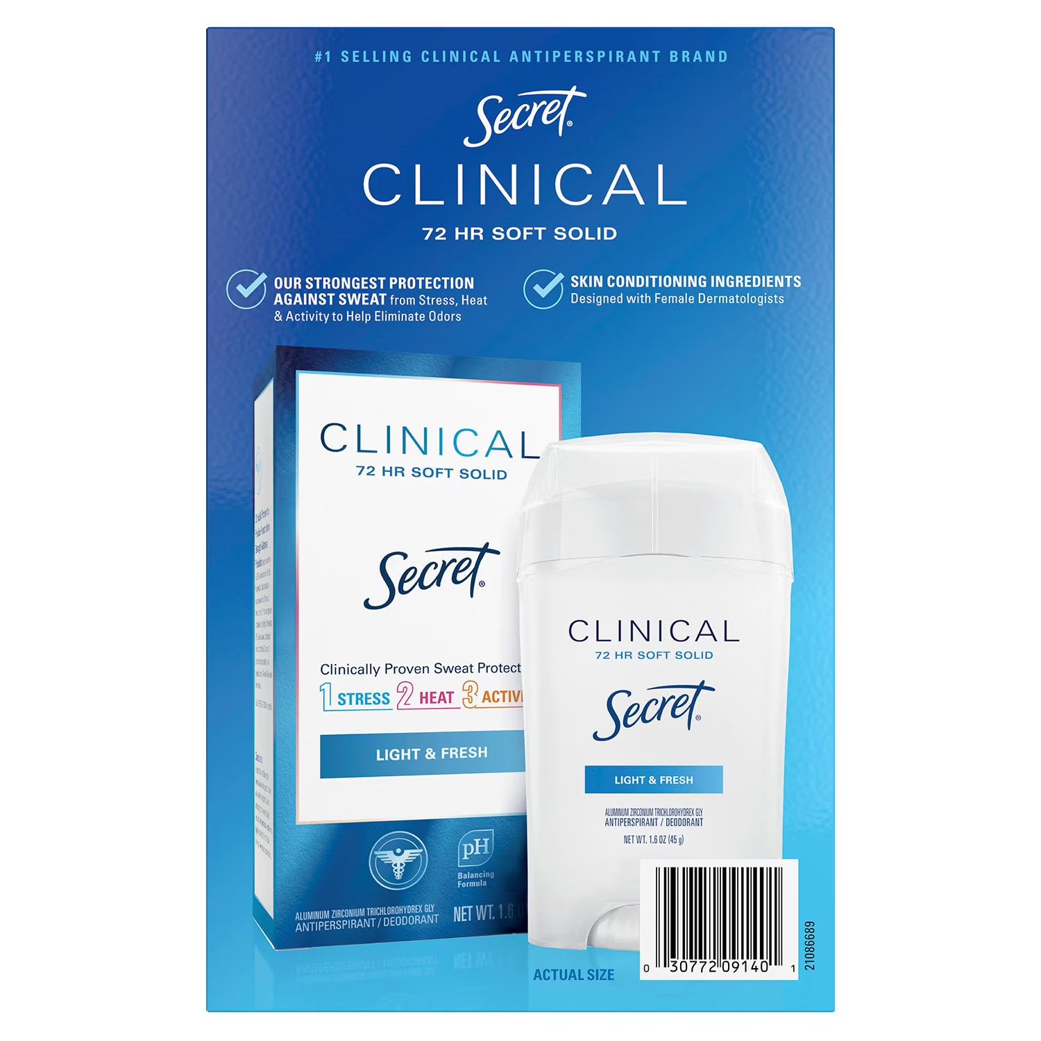 시크릿 클리니컬 소프트 솔리드 안티퍼스피런트 데오드란트 라이트 & 프레시 1.6 oz., 3 ct. – 부드러운 발림성의 소프트 솔리드 타입으로 일상 활동 중에도 산뜻하고 편안하게 사용