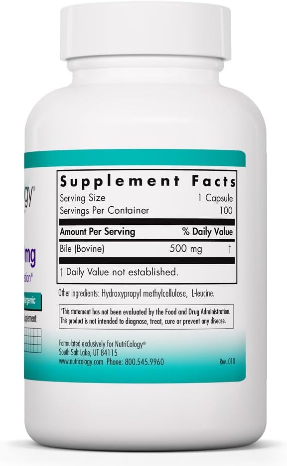 뉴트리콜로지 옥스 바일 500mg 100 정 농축 담즙산  – 지방 소화·지용성 비타민 흡수 지원 | NutriCology Ox Bile