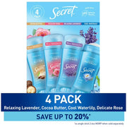 시크릿 프레시 인비저블 솔리드 안티퍼스피런트 데오드란트 버라이어티 팩 2.6 oz., 4 pk. – 여러 향을 함께 구성한 솔리드 타입으로 옷에 자국 걱정 없이 데일리로 깔끔하게 사용하기 좋습니다