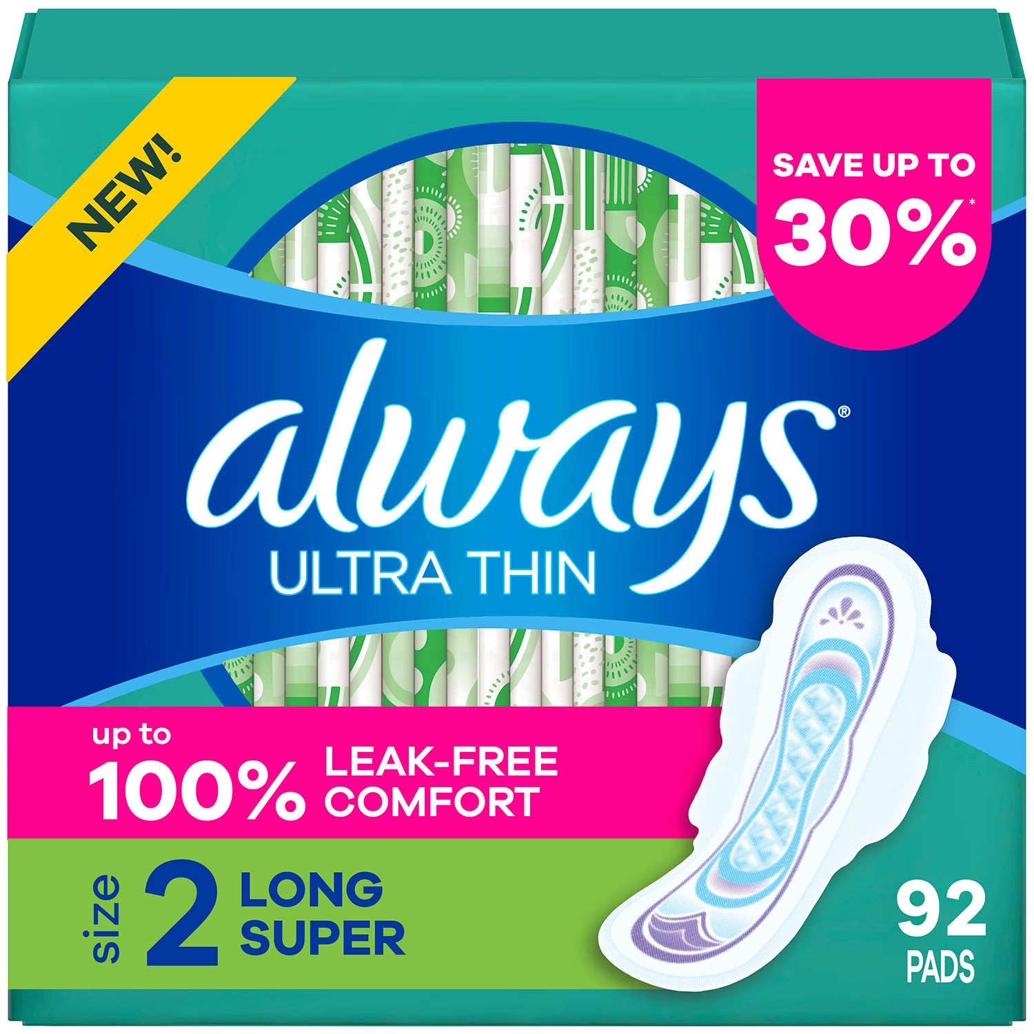 올웨이즈 울트라 씬 롱 슈퍼 날개형 생리대 사이즈 2 92 ct. – 얇은 두께의 롱 타입으로 일상 활동 시 안정적인 착용감과 흡수 설계