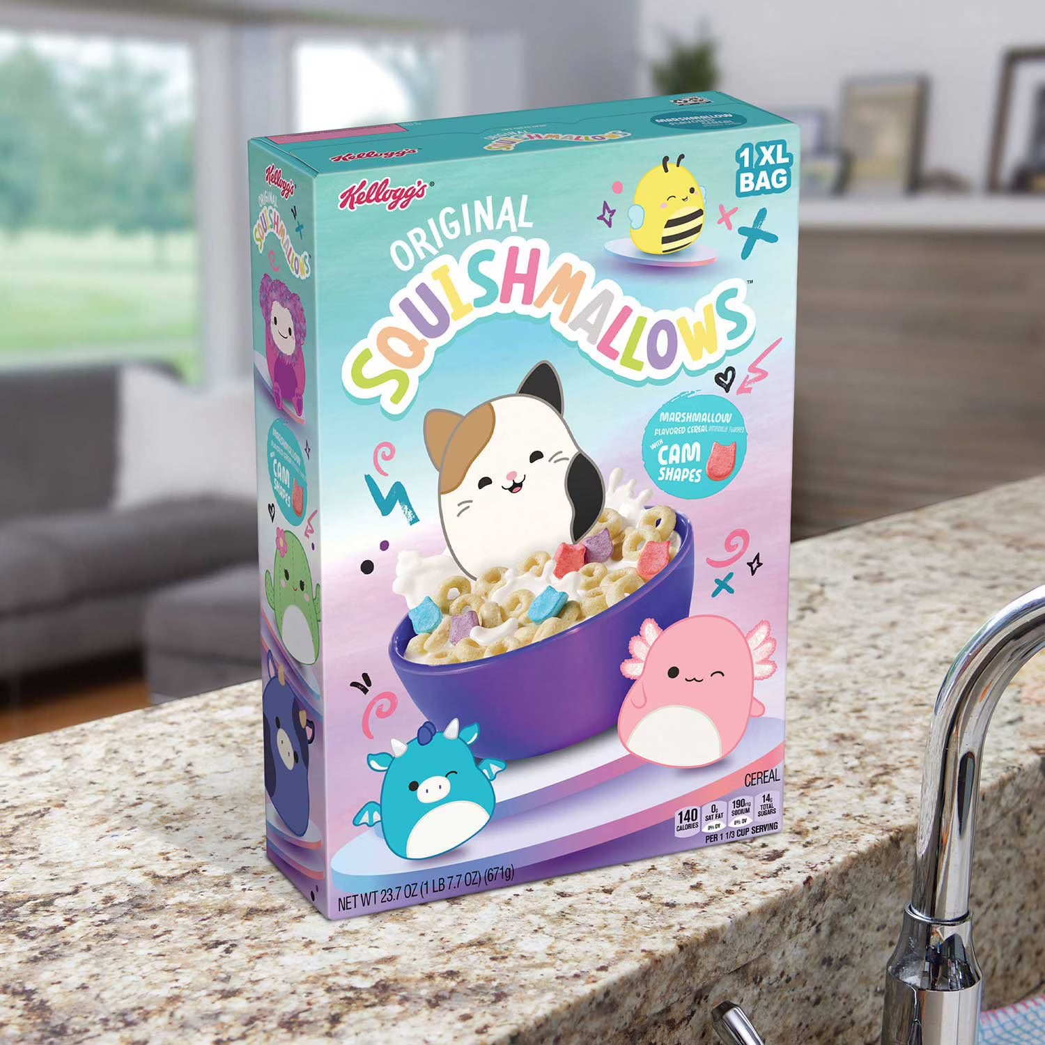 켈로그 스퀴시멜로우 아침 시리얼 23.7oz – 귀여운 캐릭터 테마와 달콤한 맛으로 즐겁게 먹는 바삭한 시리얼