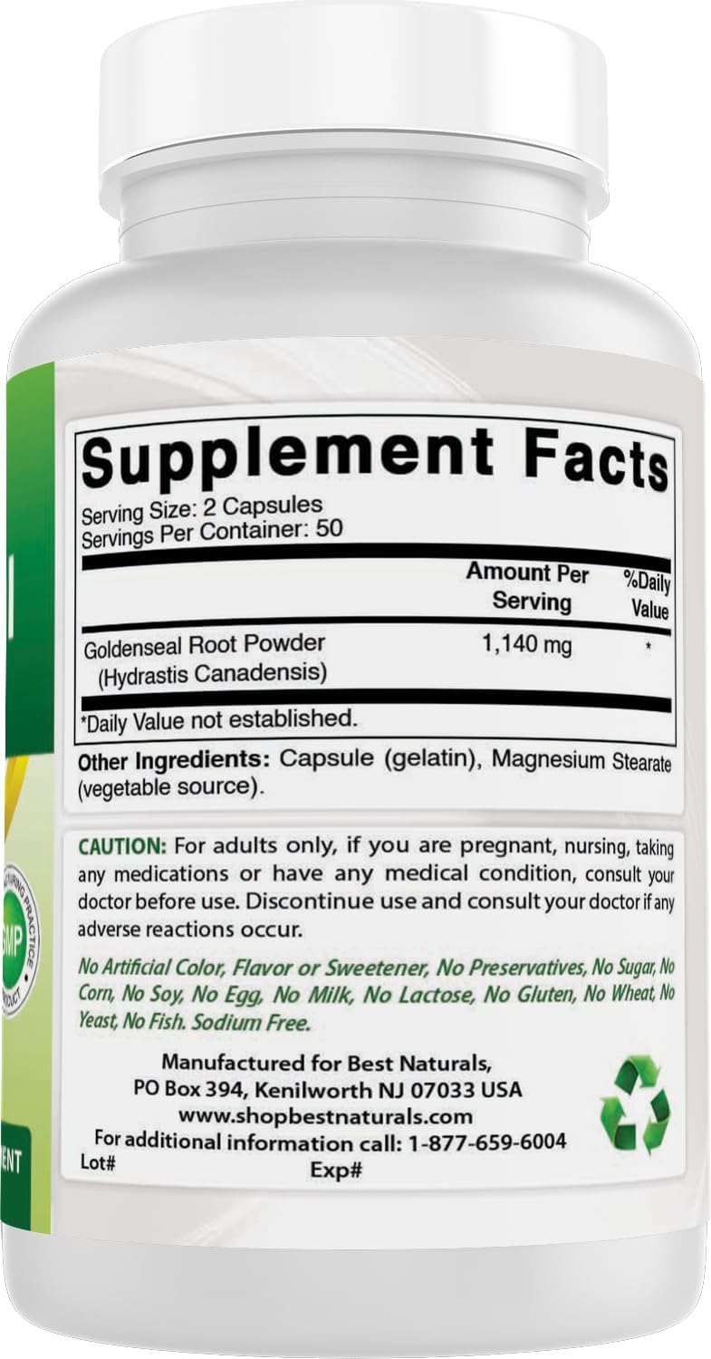 베스트 내추럴스 골든씰 루트 570mg 100캡슐 – Goldenseal Root Hydrastis canadensis · Non-GMO · 글루텐프리