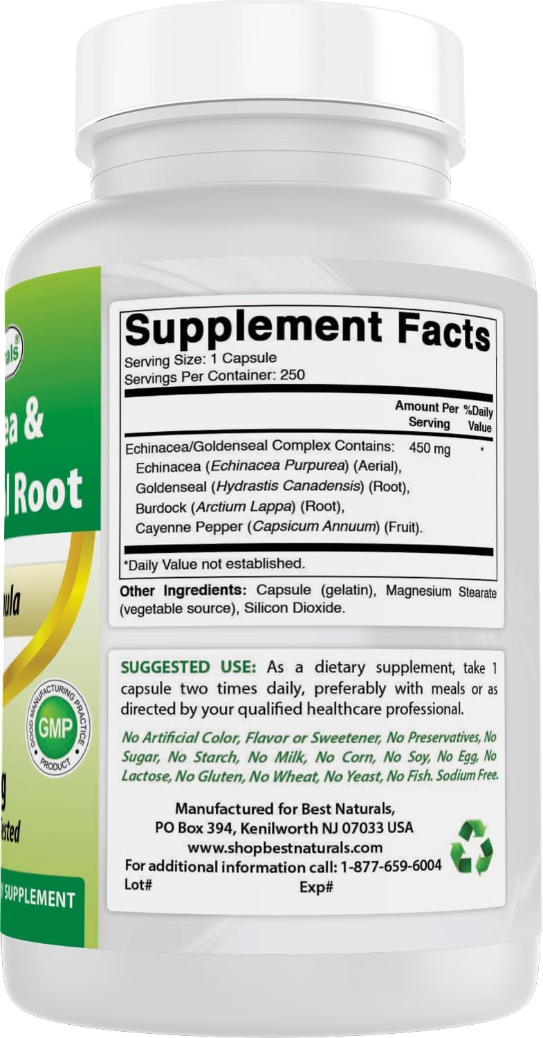 베스트 내추럴스 에키네시아 & 골든씰 루트 450mg 250캡슐 – Echinacea Goldenseal Root 허브 복합 포뮬러