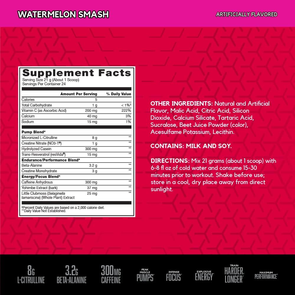 비에스엔 노익스플로드 바소 프리 워크아웃 파우더 24 Servings – L-시트룰린과 베타알라닌을 포함한 운동 전 섭취용 파우더