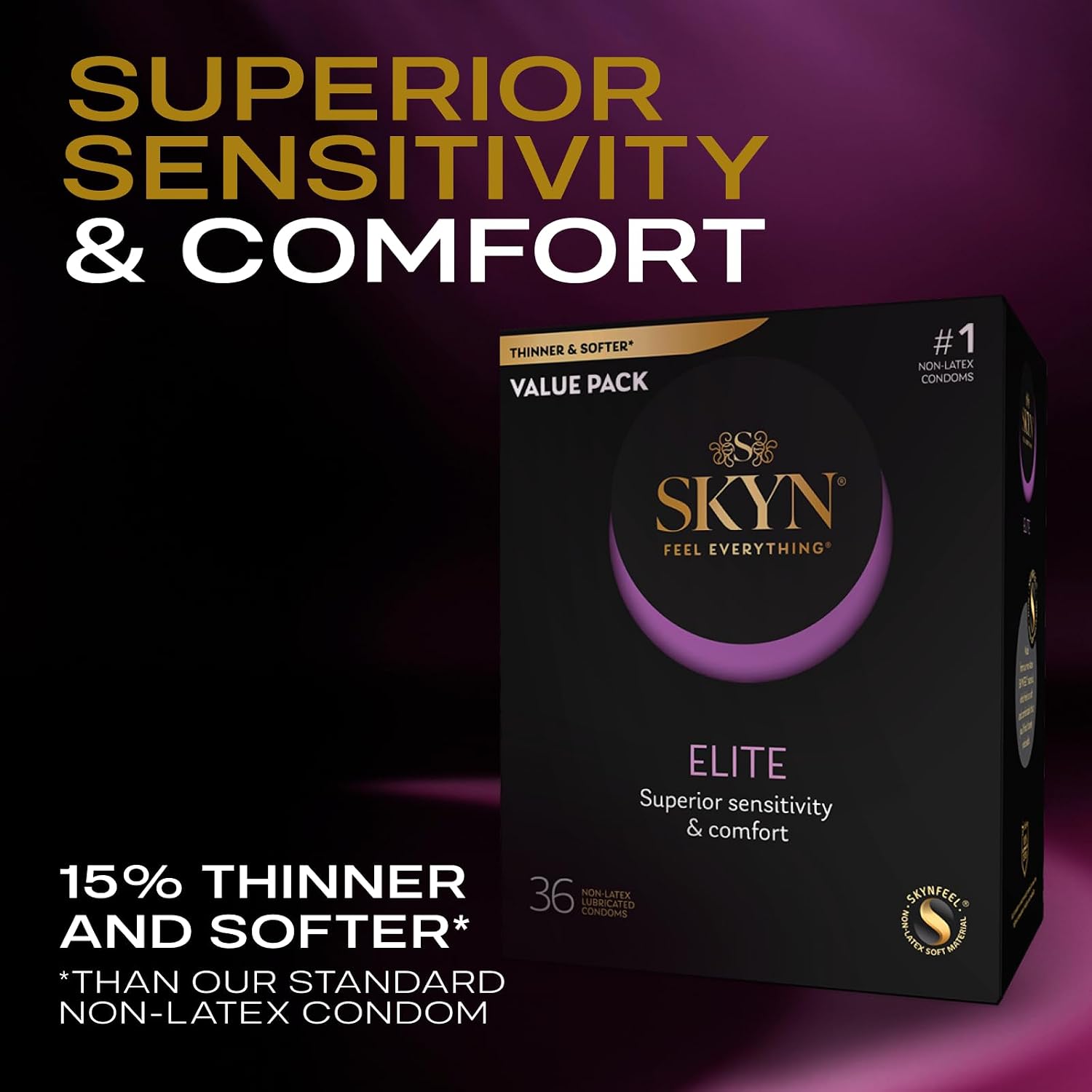 SKYN Elite 스킨 엘리트 얇은 콘돔 – 53mm 스탠다드핏 · 오리지널보다 15% 더 얇은 라텍스 프리, 36개입