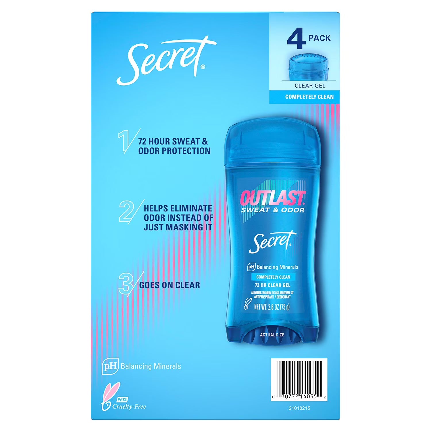 시크릿 아웃라스트 클리어 젤 데오드란트 컴플리트 클린 2.6 oz., 4 pk. – 투명 젤 타입으로 끈적임 없이 발리며 깔끔한 사용감과 산뜻한 향