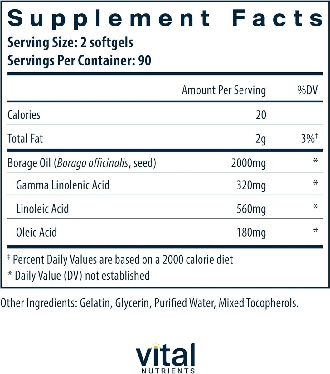 바이탈 뉴트리언스 보리지 오일 1000mg – 180캡슐 – 감마리놀렌산(GLA) 공급으로 피부·관절·호르몬 균형 보조