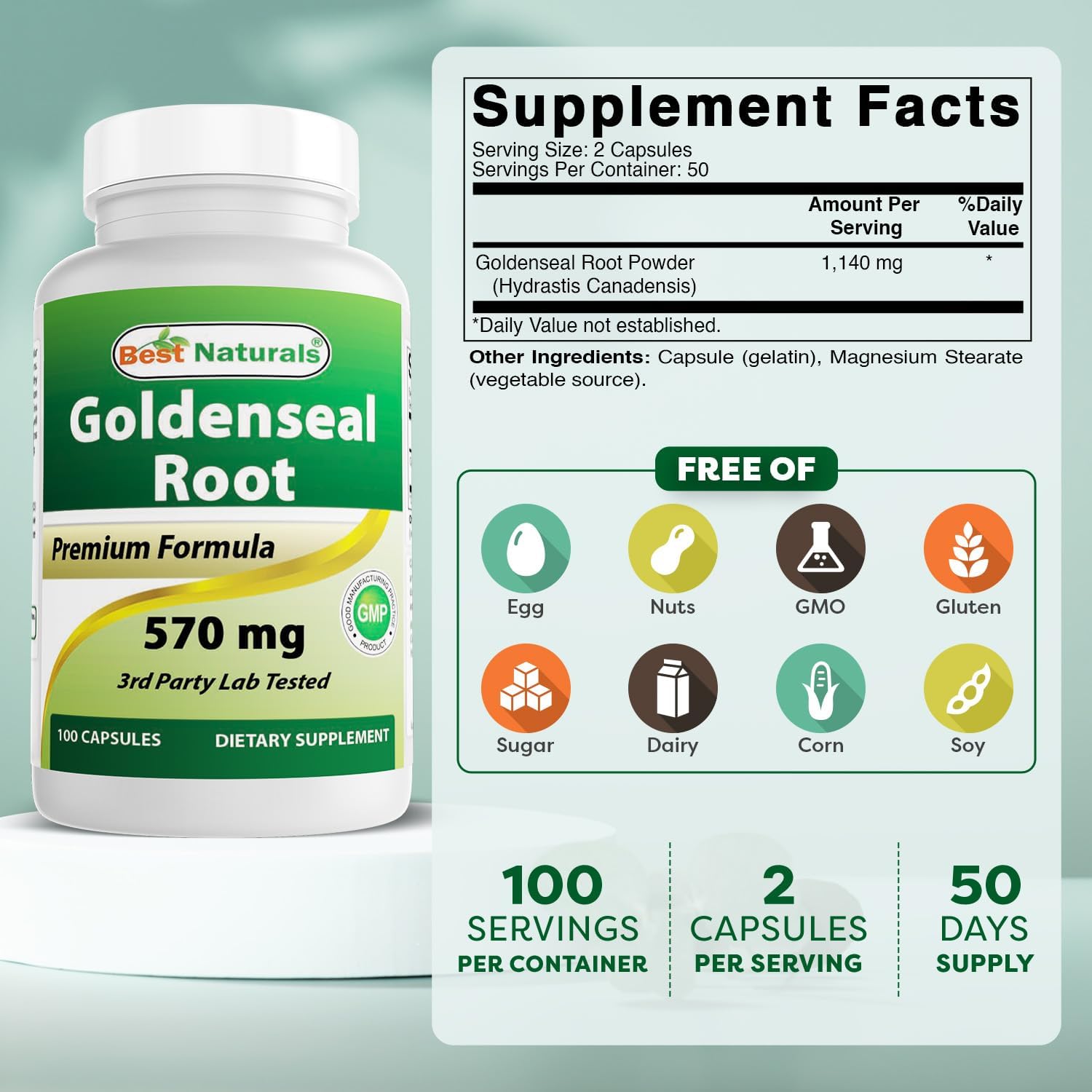 베스트 내추럴스 골든씰 루트 570mg 100캡슐 – Goldenseal Root Hydrastis canadensis · Non-GMO · 글루텐프리