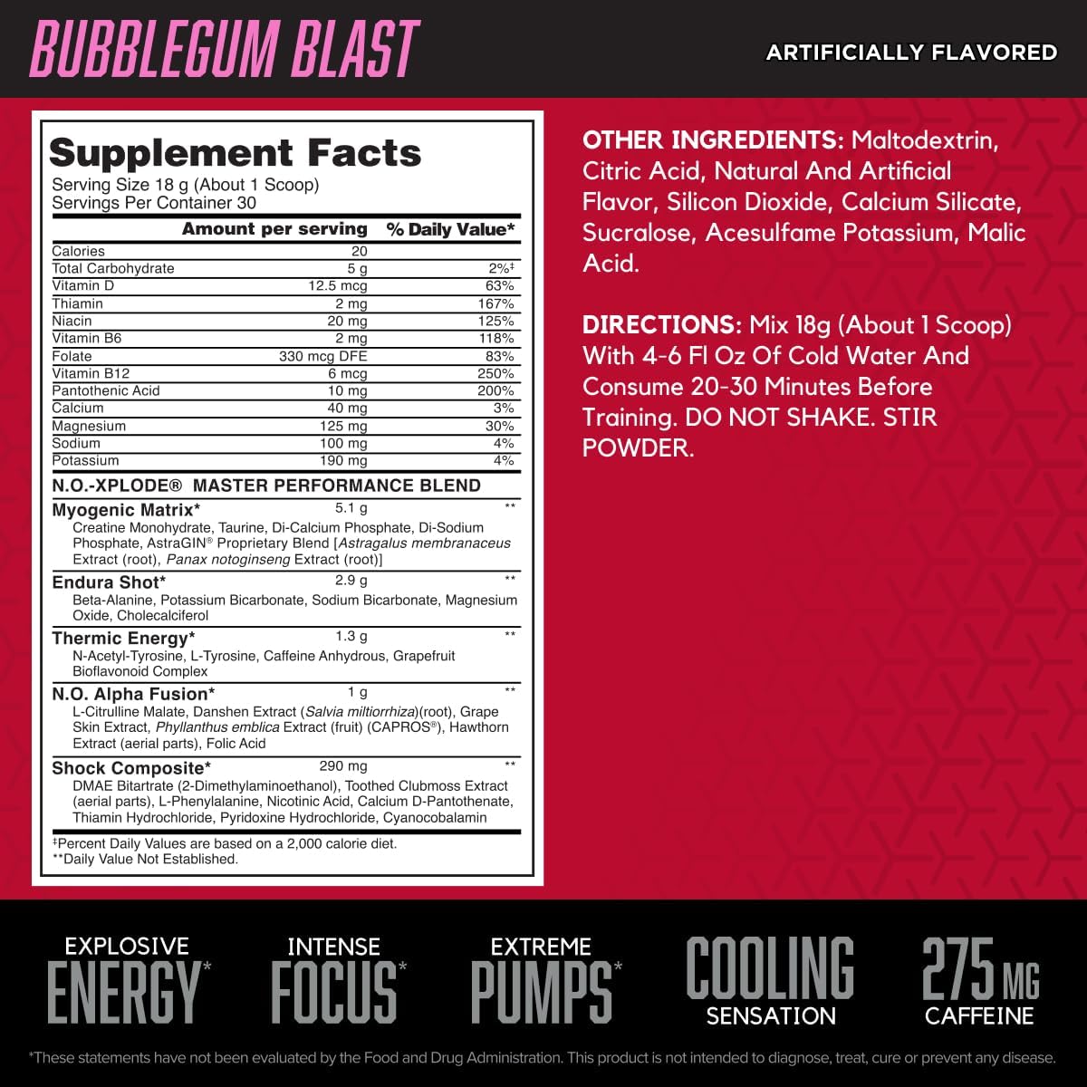 비에스엔 노익스플로드 쿨 러쉬 프리 워크아웃 파우더 30 Servings – 운동 전 섭취용 파우더 타입