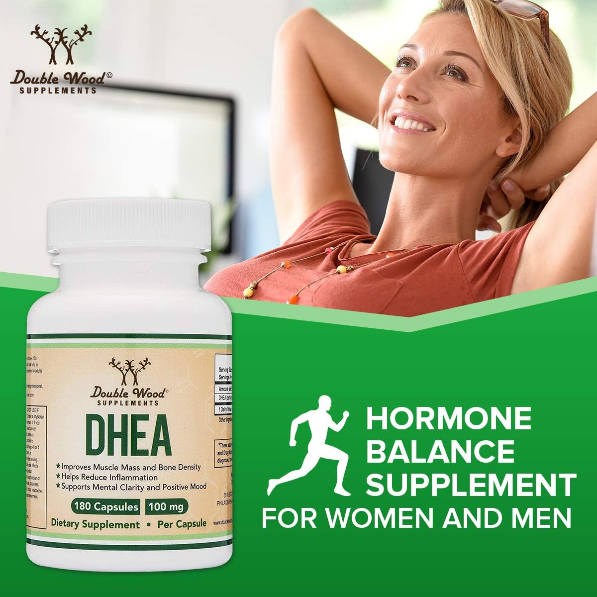 더블우드 DHEA 100mg, 180캡슐 – 고함량 6개월 분량 · 호르몬 밸런스 · 건강한 에이징 지원