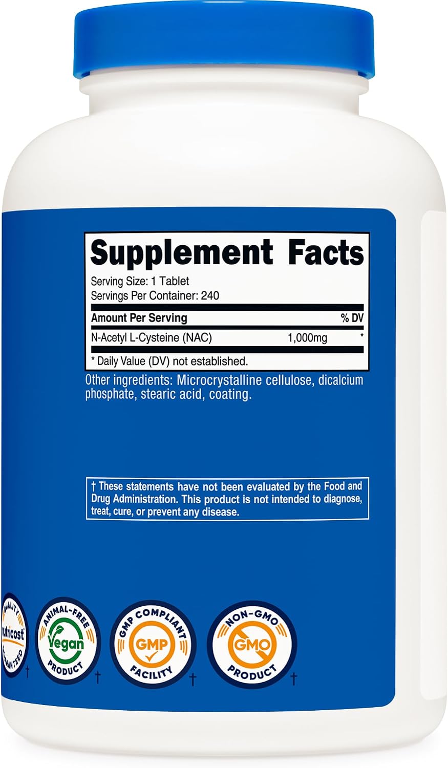 뉴트리코스트 NAC 1,000mg 240 비건 정 – 고함량 글루타치온 항산화 관리