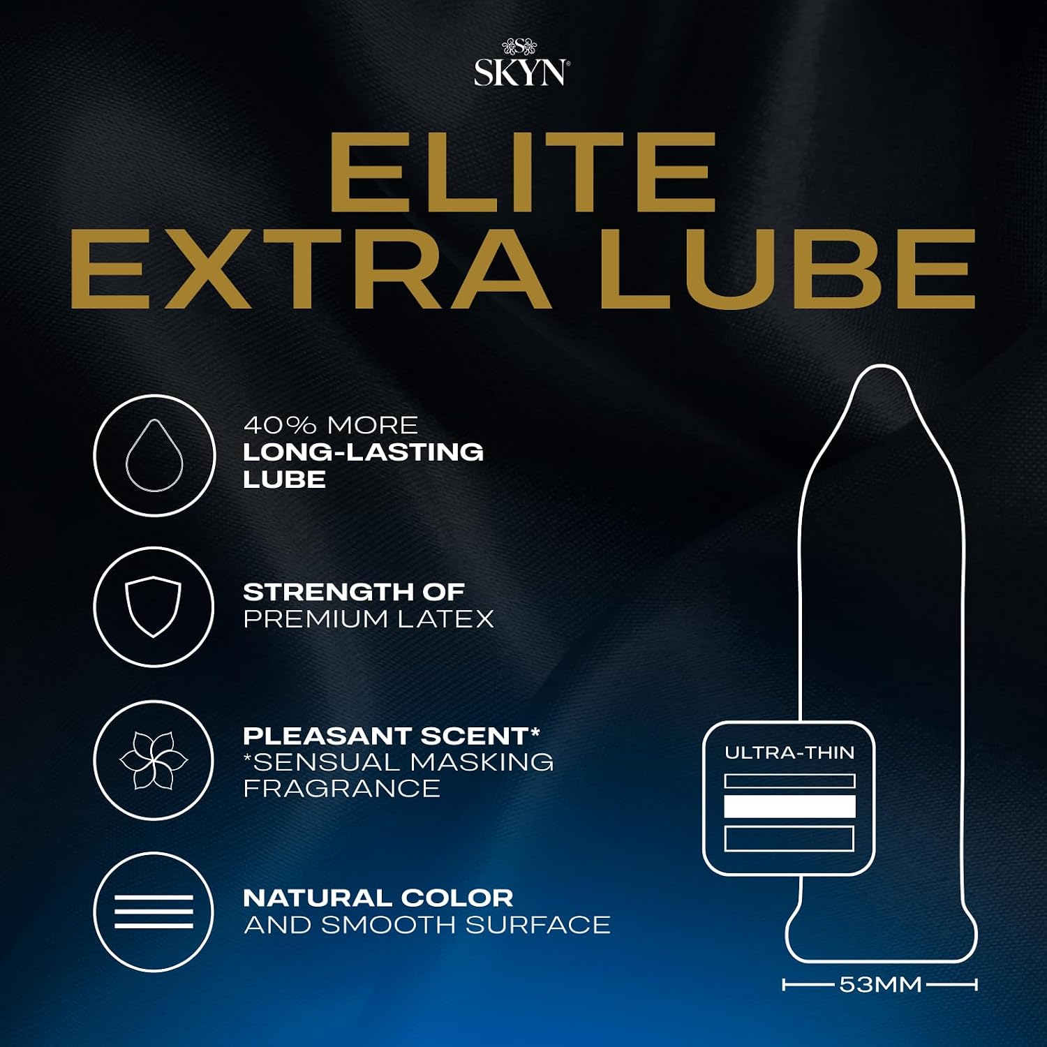 스킨 엘리트 엑스트라 루브 얇은 콘돔 – 오리지널보다 15% 더 얇고 윤활제 40% 더 많이 · 라텍스 프리 · 53mm, 36개입