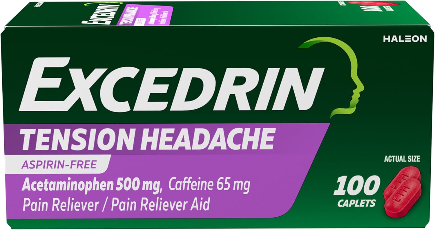Excedrin Tension Headache Relief Caplets 100 Count Acetaminophen 500mg Caffeine 65mg 엑세드린 긴장성 두통 진통제