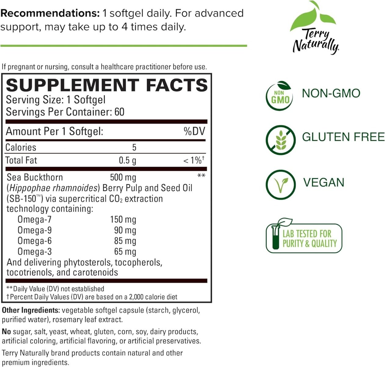 테리 내추럴리 오메가-7 500mg – 60 소프트젤 – 점막 보습·지질 대사·대사 건강 보조