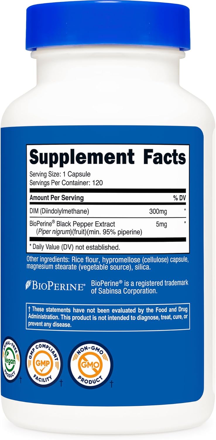 뉴트리코스트 DIM(디인돌릴메탄) 300mg 여성 호르몬 밸런스·항산화 건강 관리 바이오페린 함유 120 베지캡슐
