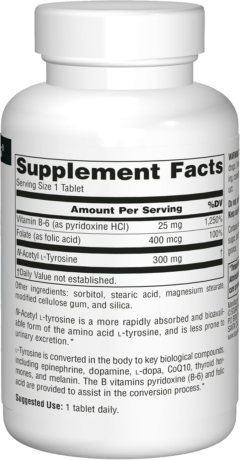소스 내추럴스 N-아세틸 L-티로신 300mg 120정 – 도파민 · 노르에피네프린 생성 · 스트레스 · 집중력 지원
