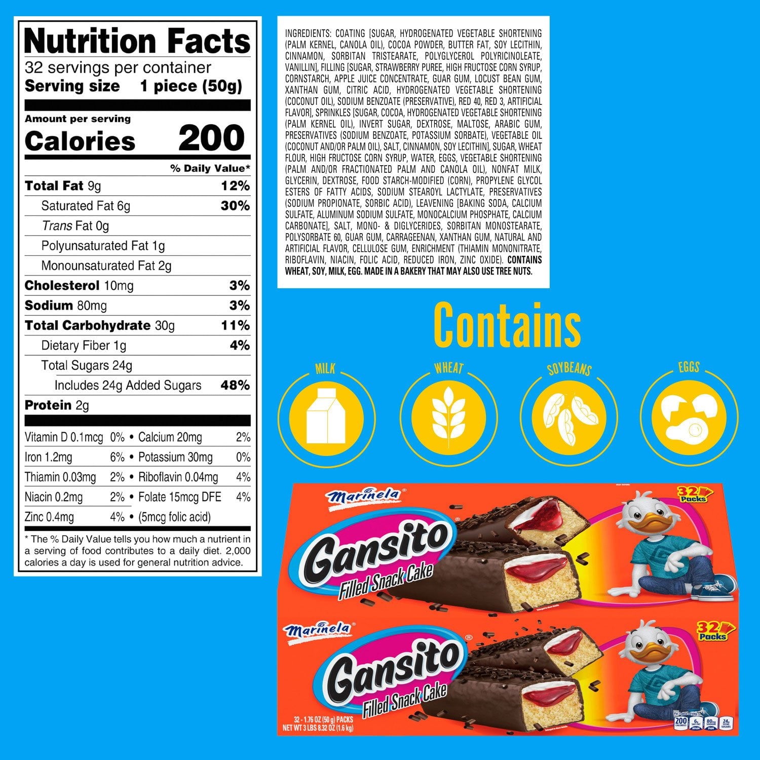 마리넬라 간시토 스낵 케이크 1.76oz × 32개 — 크림·초콜릿 코팅 케이크 스낵