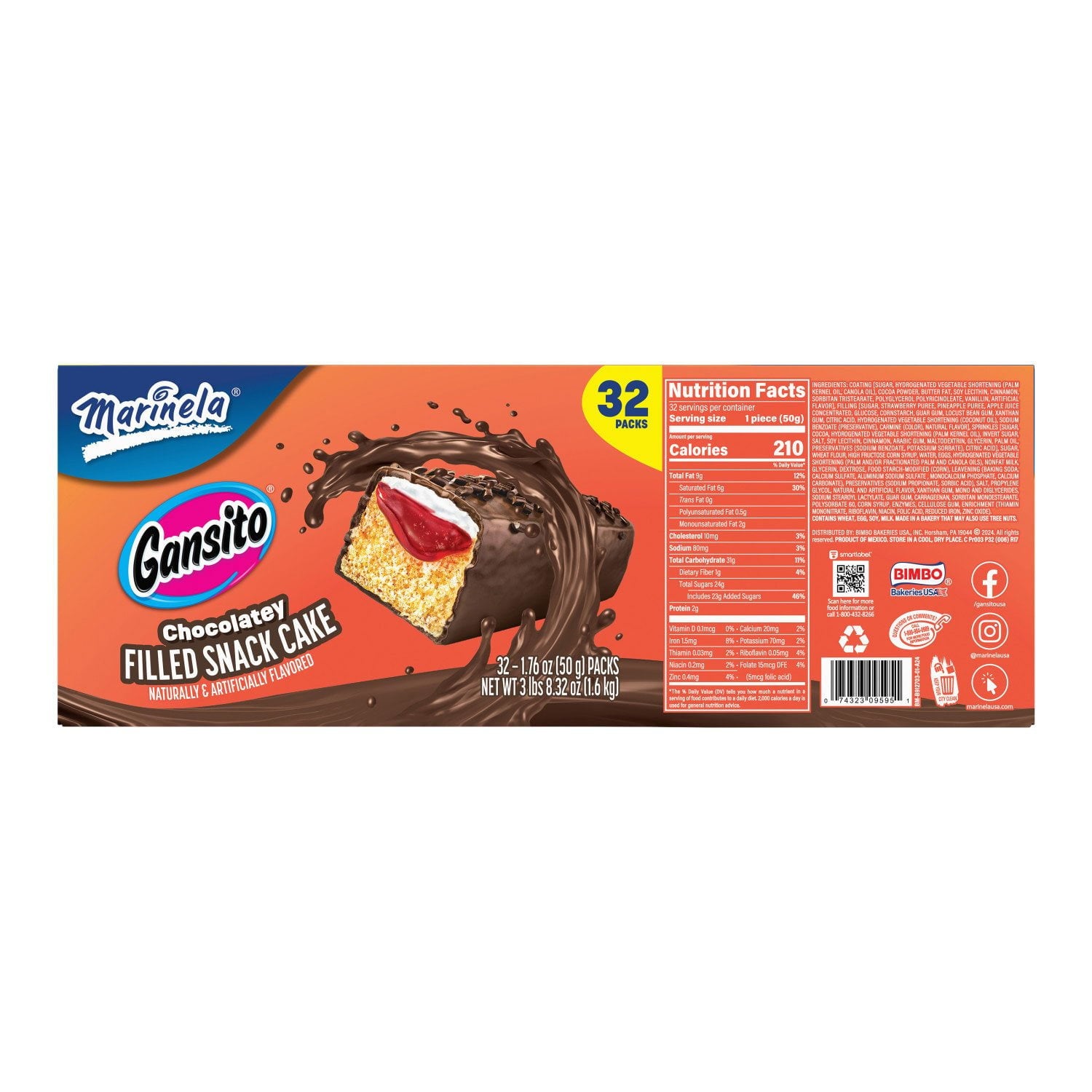마리넬라 간시토 스낵 케이크 1.76oz × 32개 — 크림·초콜릿 코팅 케이크 스낵