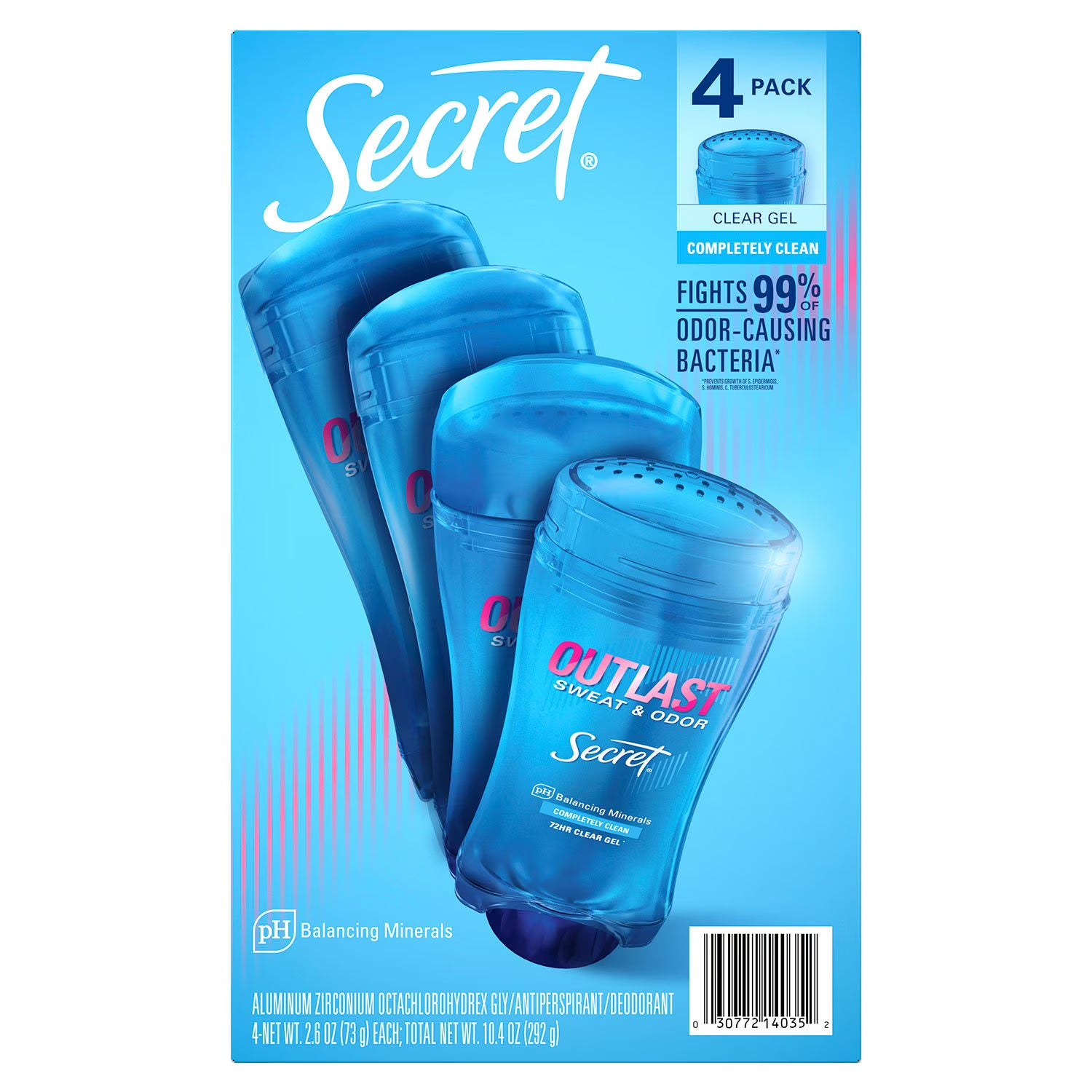 시크릿 아웃라스트 클리어 젤 데오드란트 컴플리트 클린 2.6 oz., 4 pk. – 투명 젤 타입으로 끈적임 없이 발리며 깔끔한 사용감과 산뜻한 향